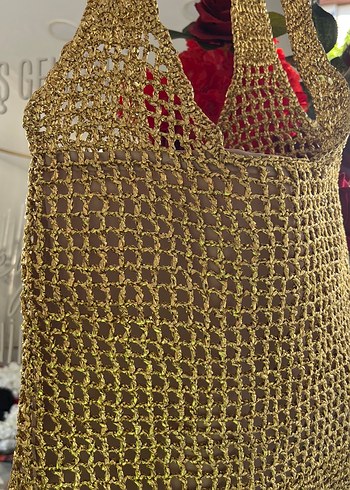 Altın Renkli Örgü Bohem Kadın plaj Çanta - Görsel 3