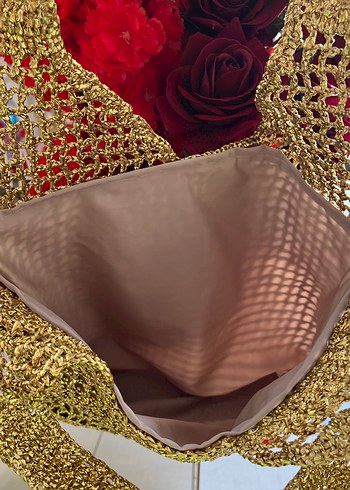 Altın Renkli Örgü Bohem Kadın plaj Çanta - Görsel 2