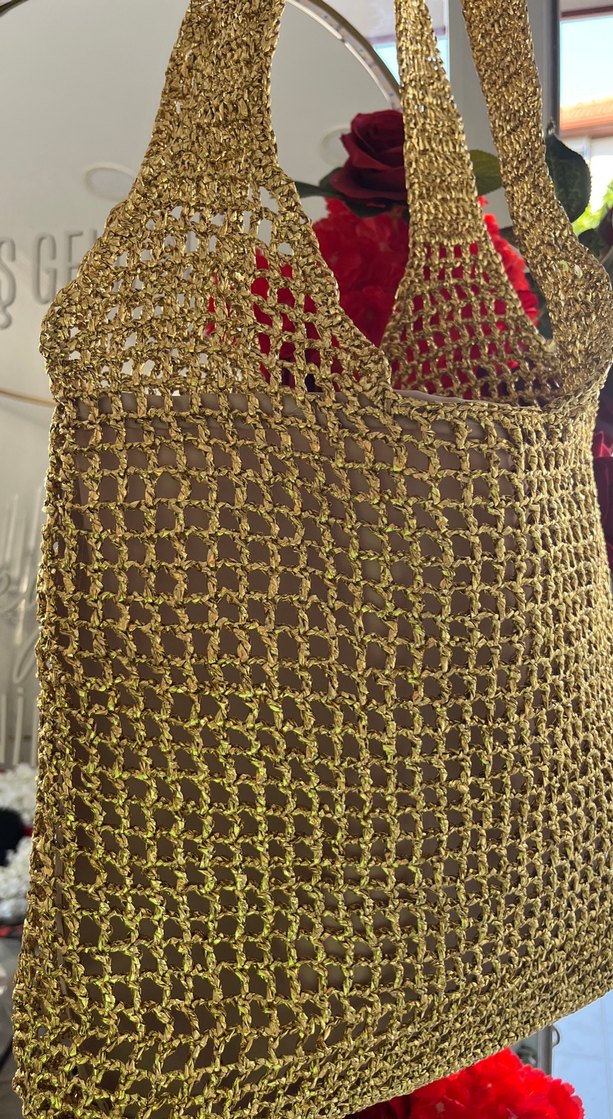 Altın Renkli Örgü Bohem Kadın plaj Çanta - Görsel 3