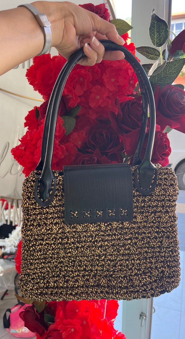 Örgü Desenli Kahverengi/gold deri ip Bohem Kadın Çanta - Görsel 2