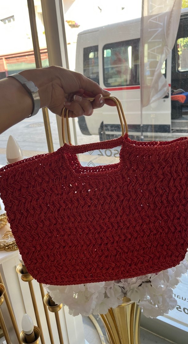Kırmızı Nakışlı Örgü Bohem Kadın Çanta - Görsel 2