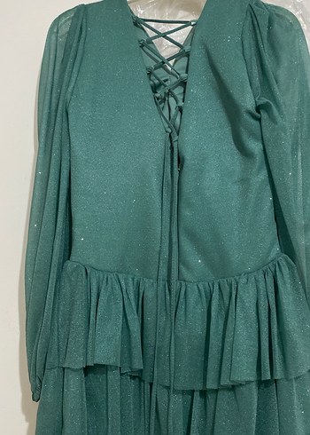 Parlak Yeşil V Yaka Uzun Abiye Elbise - Görsel 3