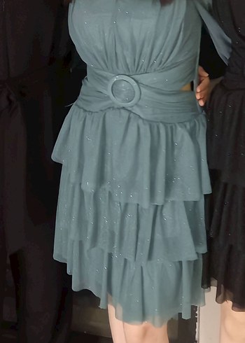 Parlak Yeşil V Yaka Uzun Abiye Elbise - Görsel 5