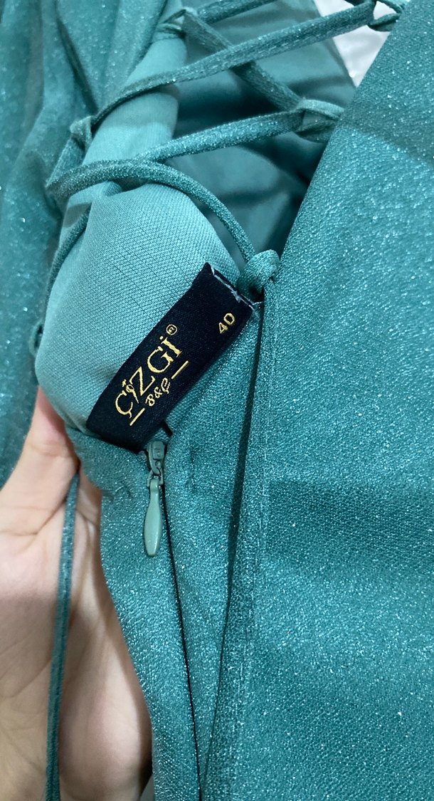 Parlak Yeşil V Yaka Uzun Abiye Elbise - Görsel 4