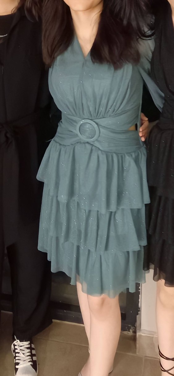 Parlak Yeşil V Yaka Uzun Abiye Elbise - Görsel 5