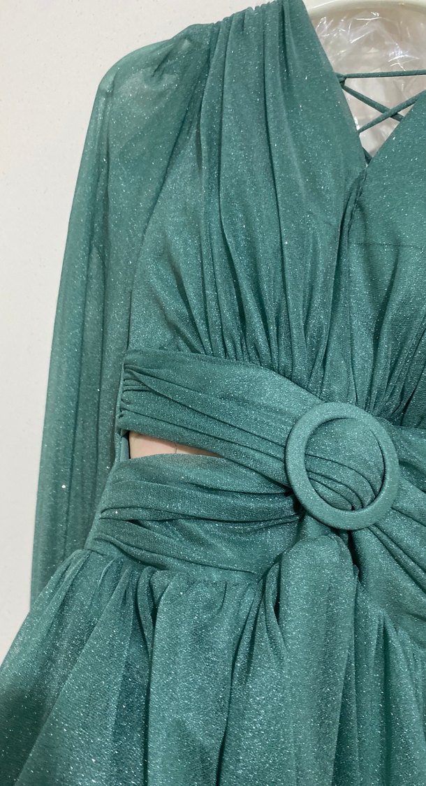 Parlak Yeşil V Yaka Uzun Abiye Elbise - Görsel 2