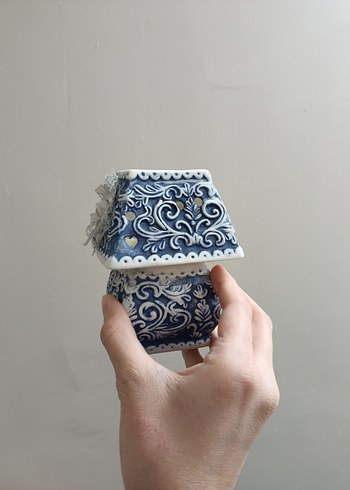 Dantel Detaylı Mavi Vintage Mumluk - Görsel 4