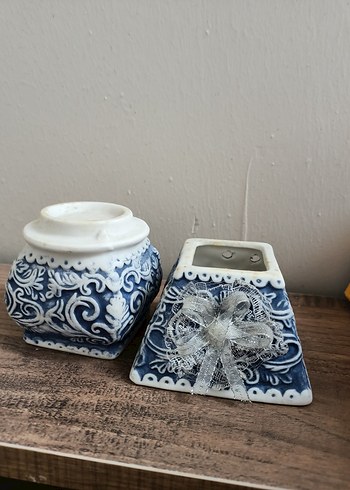 Dantel Detaylı Mavi Vintage Mumluk - Görsel 6