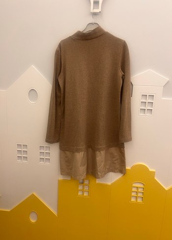 38 Beden Örgü Kadın Mini Tunik, Uzun Kollu, Kahverengi