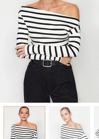 Beyaz Siyah Çizgili tek omuz Bluz - Görsel 6