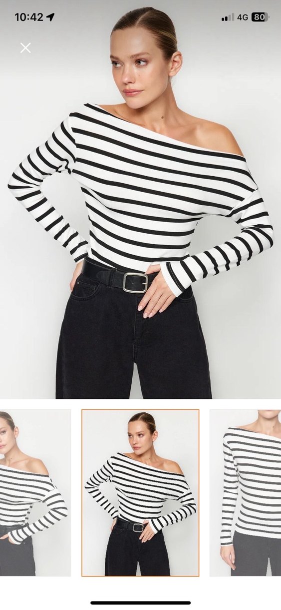 Beyaz Siyah Çizgili tek omuz Bluz - Görsel 5