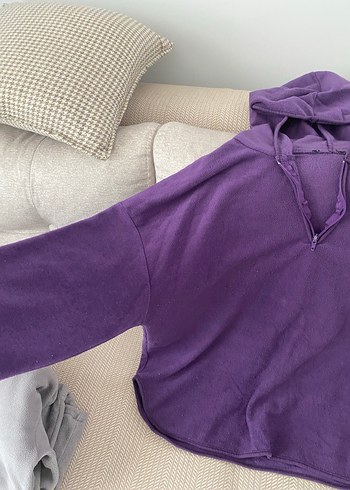 Mor Kapüşonlu Fermuarlı Kadın Sweatshirt - Görsel 2