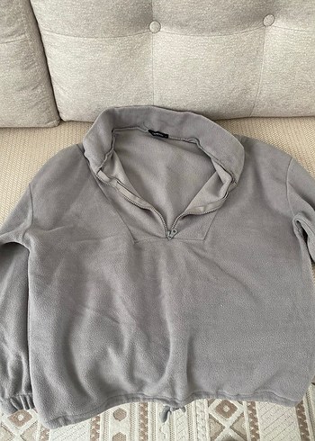 Gri V Yaka Fermuarlı Kadın Sweatshirt - Görsel 4