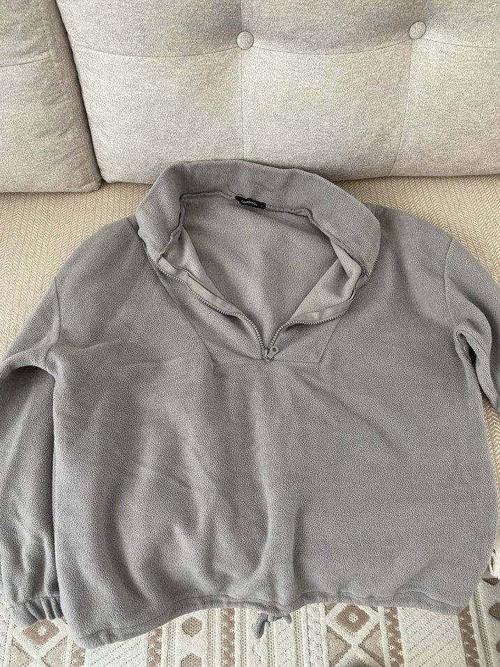 Gri V Yaka Fermuarlı Kadın Sweatshirt - Görsel 4