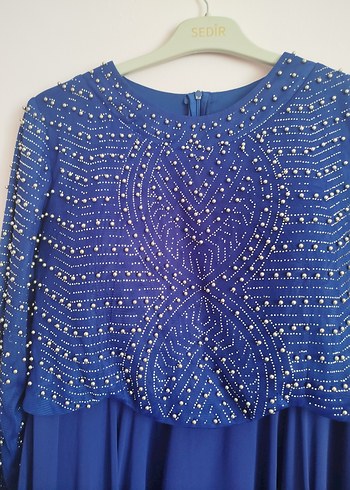 Boncuk İşlemeli Uzun Kollu Mavi Abiye Elbise - Görsel 5