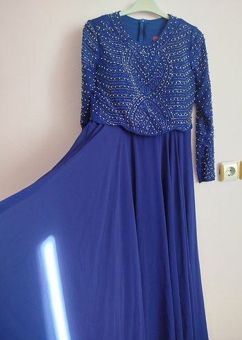 Boncuk İşlemeli Uzun Kollu Mavi Abiye Elbise - Görsel 2