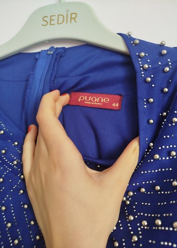 Boncuk İşlemeli Uzun Kollu Mavi Abiye Elbise - Görsel 4