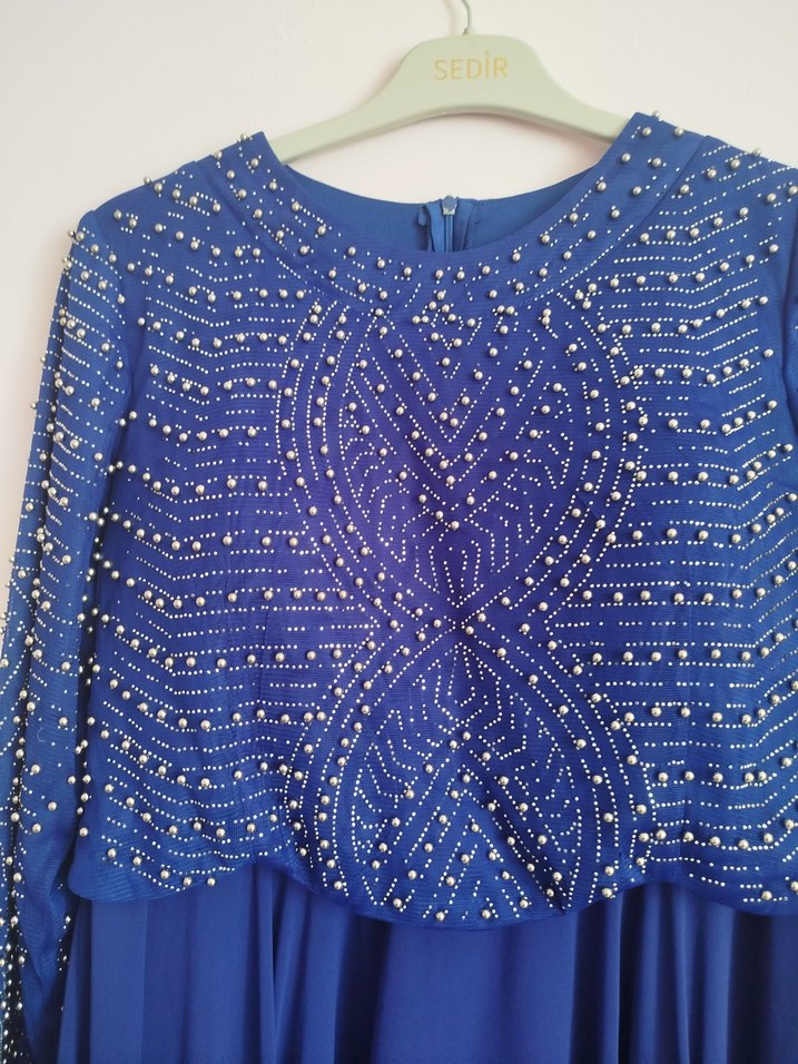 Boncuk İşlemeli Uzun Kollu Mavi Abiye Elbise - Görsel 5