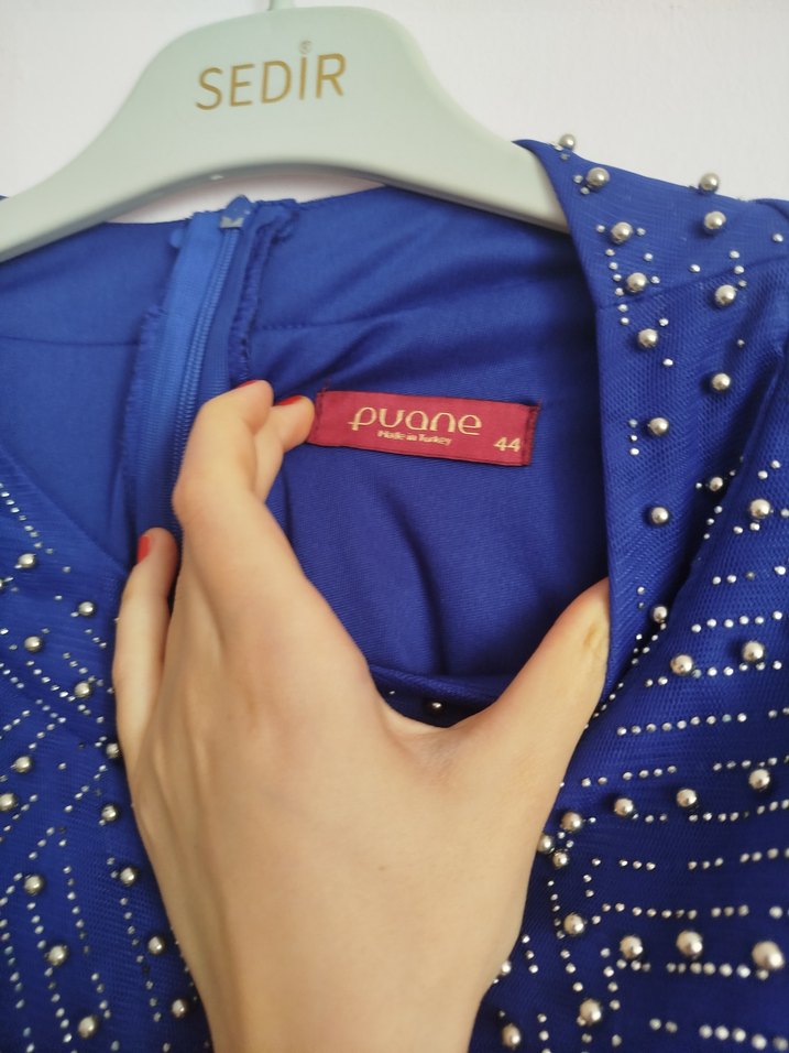 Boncuk İşlemeli Uzun Kollu Mavi Abiye Elbise - Görsel 4