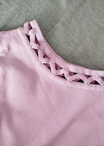 Pembe Kısa Kollu Triko Kadın Kazak - Görsel 3