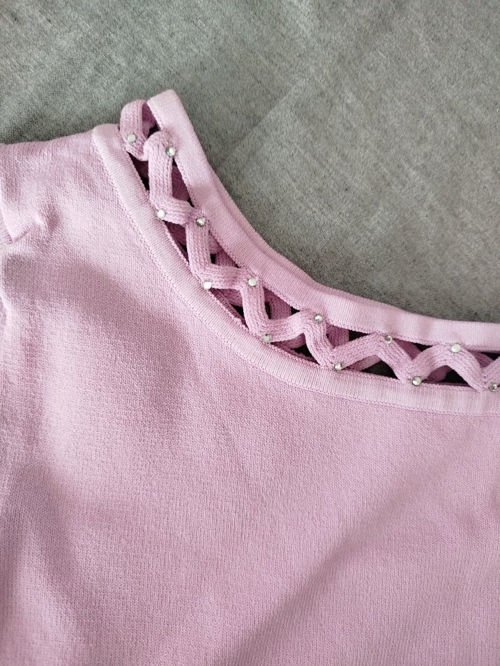 Pembe Kısa Kollu Triko Kadın Kazak - Görsel 3