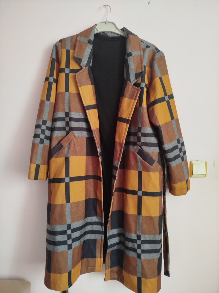 Kahverengi Ekose Uzun Kadın Kaban - Görsel 4