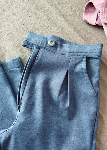 Düğmeli Mavi Kadın keten Pantolon - Görsel 2