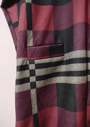 Kadın Bordo Ekose Desenli Uzun Ceket - Görsel 3