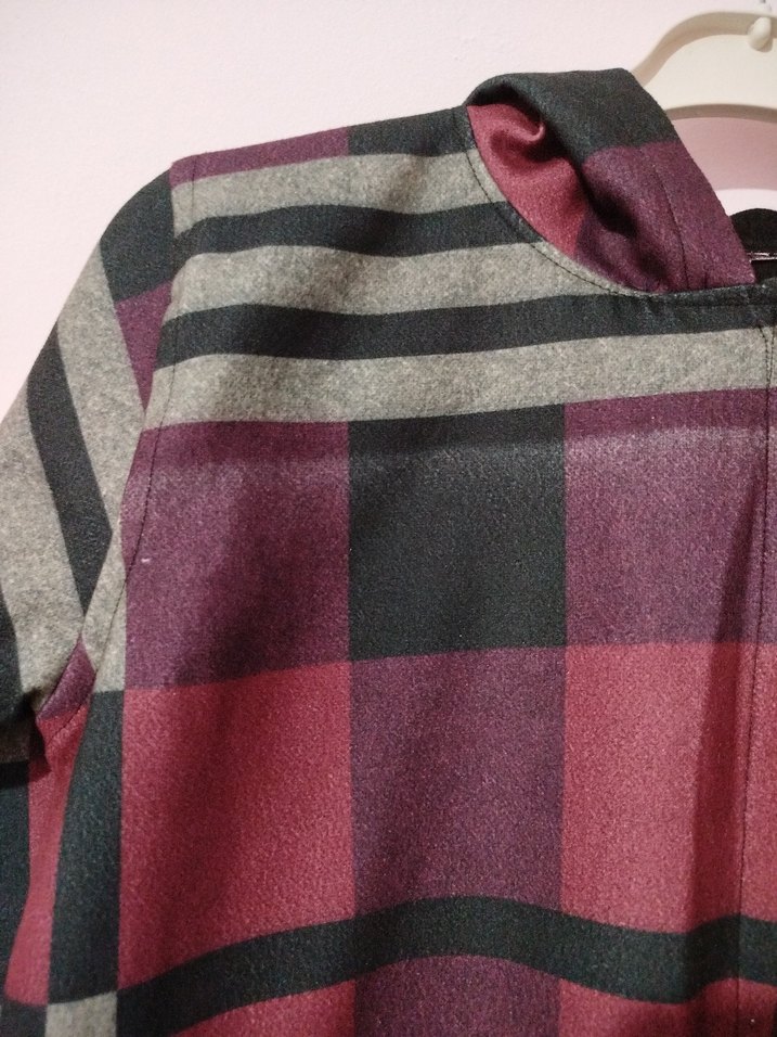 Kadın Bordo Ekose Desenli Uzun Ceket - Görsel 4