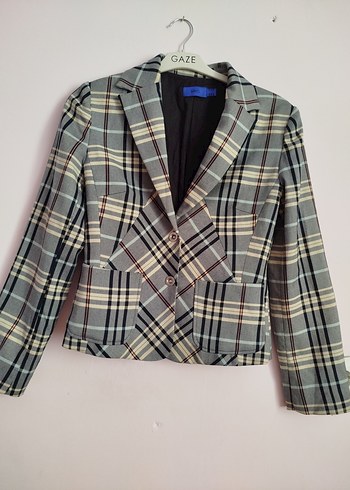 Kadın Gri Ekose Mini Blazer Ceket - Görsel 2