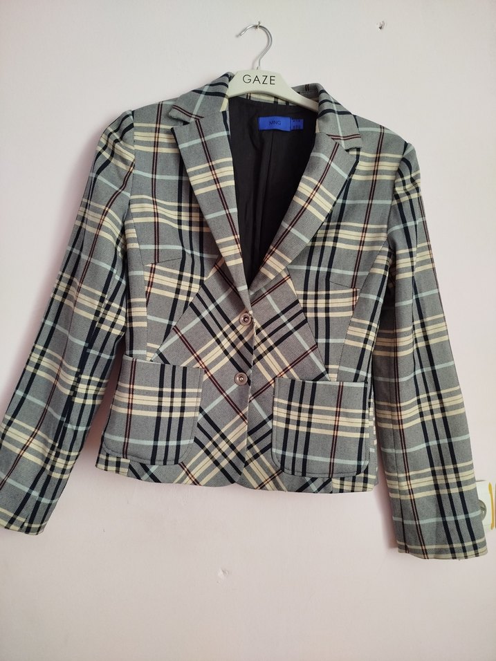 Kadın Gri Ekose Mini Blazer Ceket - Görsel 2