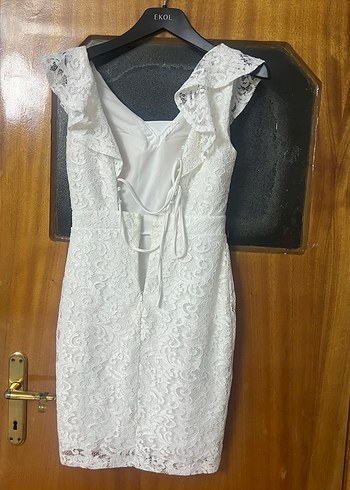 38 Beden Dantel Detaylı Nikah Beyaz Midi Elbise