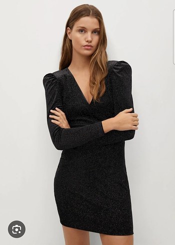 Mango Siyah V Yakalı Drapeli Mini Elbise