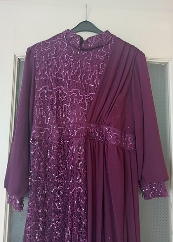 Mor Uzun Kollu Drapeli Abiye Elbise - Görsel 2