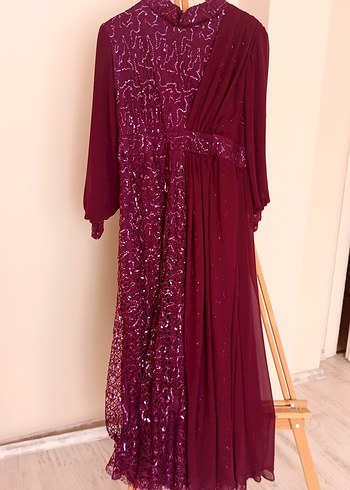 Mor Uzun Kollu Drapeli Abiye Elbise - Görsel 3