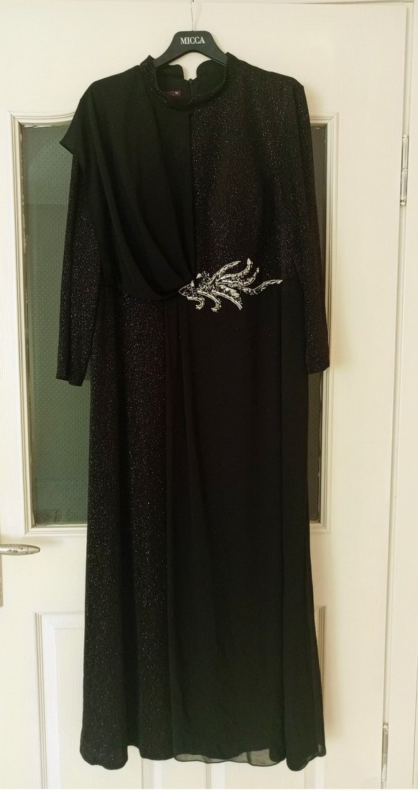 Siyah Uzun Kollu Desenli Abiye Elbise - Görsel 3