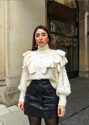 Bohem Etnik Desenli Beyaz Kısa Örgü Kazak - Görsel 3