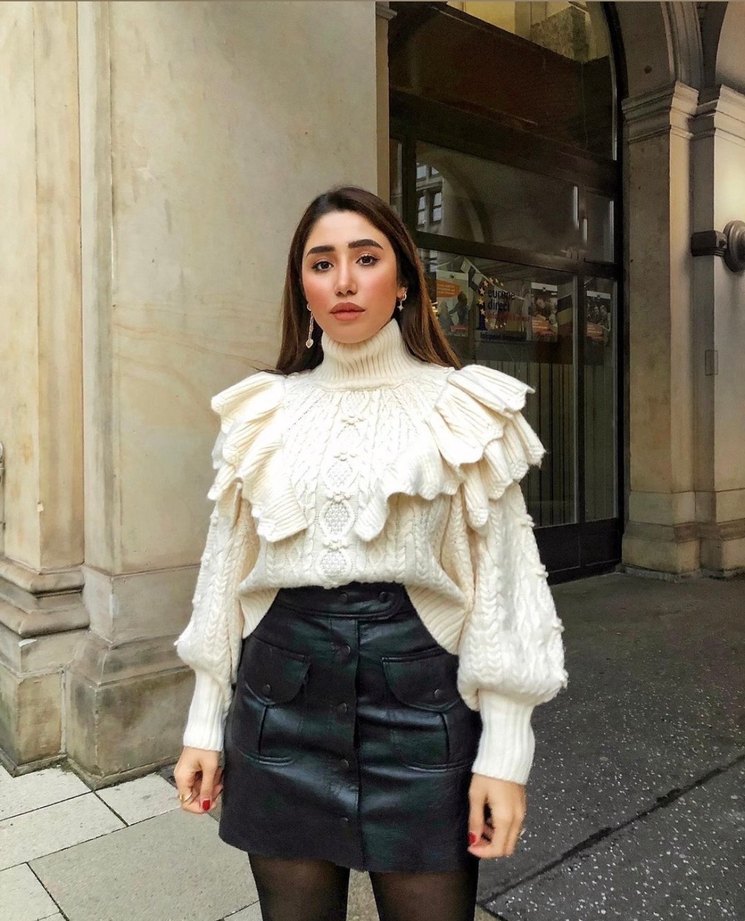 Bohem Etnik Desenli Beyaz Kısa Örgü Kazak - Görsel 3