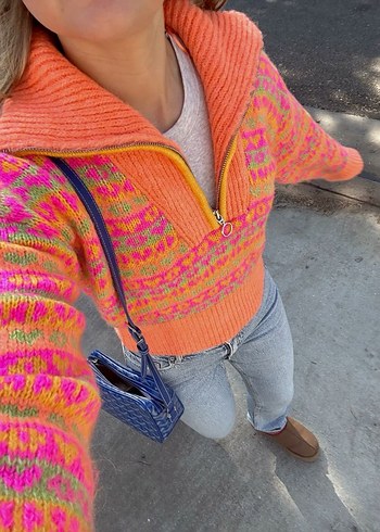 Renkli Bohem Örgü Yarım Fermuarlı Kadın Kazak - Görsel 2