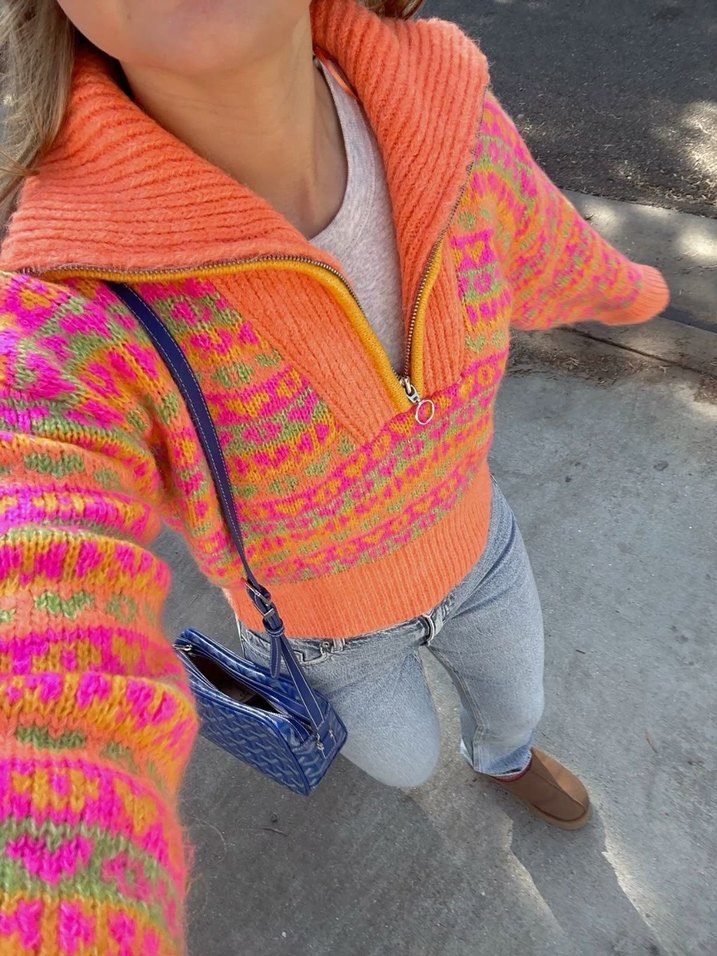 Renkli Bohem Örgü Yarım Fermuarlı Kadın Kazak - Görsel 2