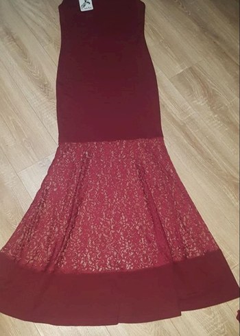 Bordo Dantelli Uzun Abiye Elbise