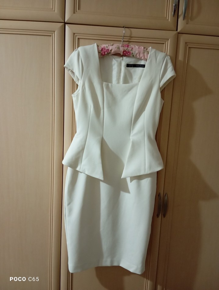 Beyaz Mini Kalem Elbise V Yakalı - Görsel 3