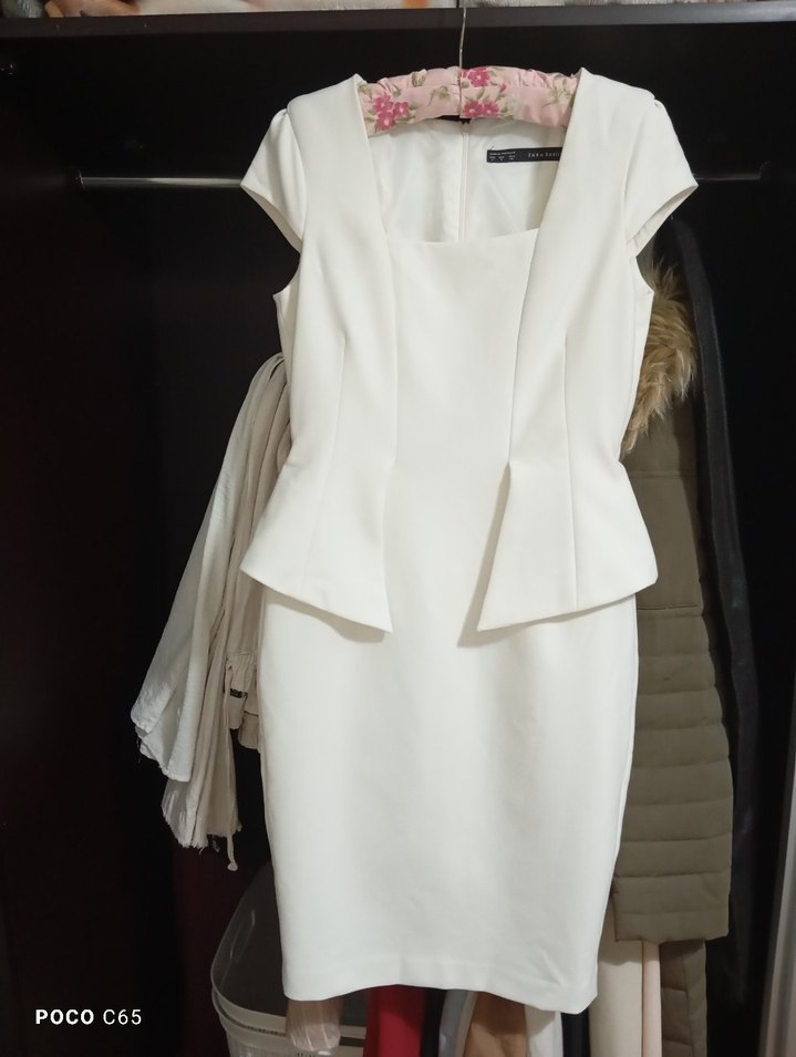 Beyaz Mini Kalem Elbise V Yakalı - Görsel 2