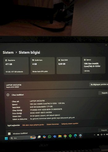 Beden Renk Gri Acer Aspire 5 Laptop ( telefon takası düşünülür)