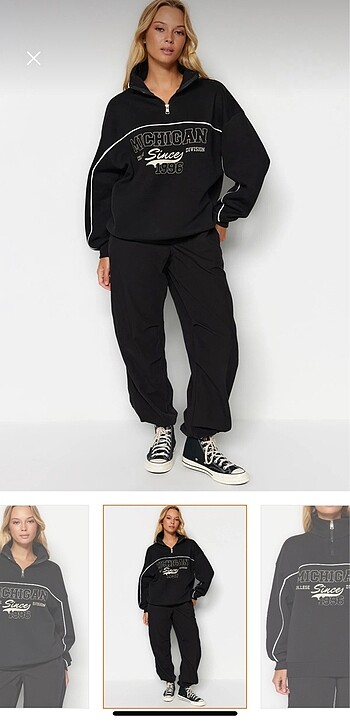 Siyah fermuarlı baskılı içi polatlı örme sweatshirt