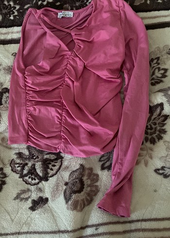 Pembe V Yaka Drapeli Bluz - Görsel 2