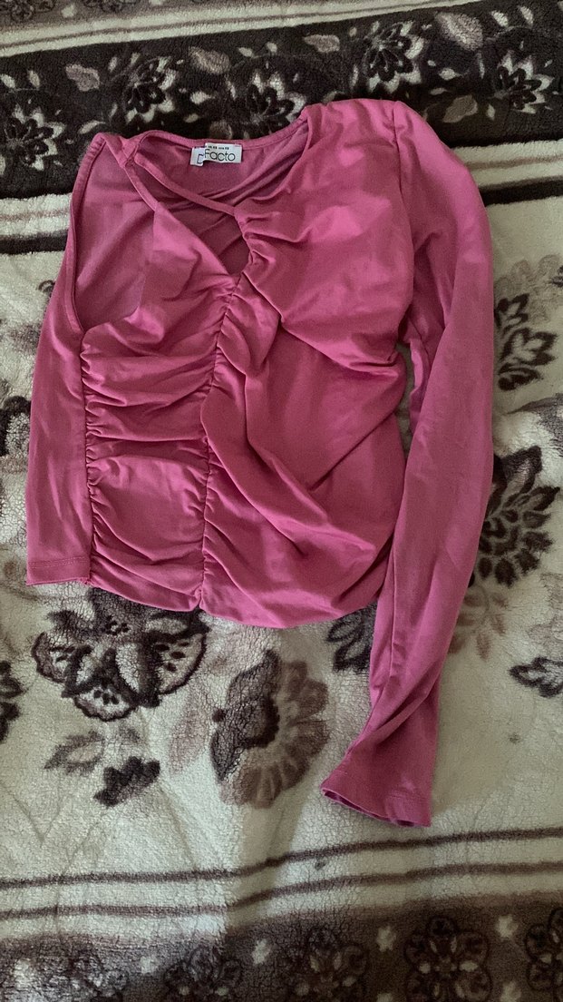 Pembe V Yaka Drapeli  Bluz - Görsel 2