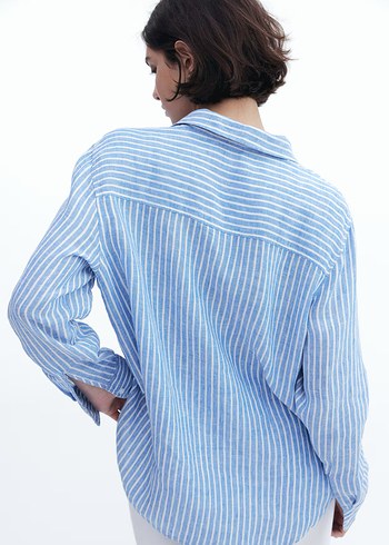 Mavi Çizgili Keten Uzun Kollu Gömlek - Görsel 4