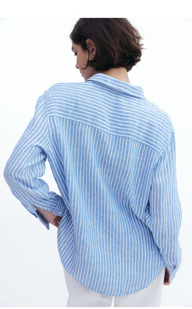 Mavi Çizgili Keten Uzun Kollu Gömlek - Görsel 4