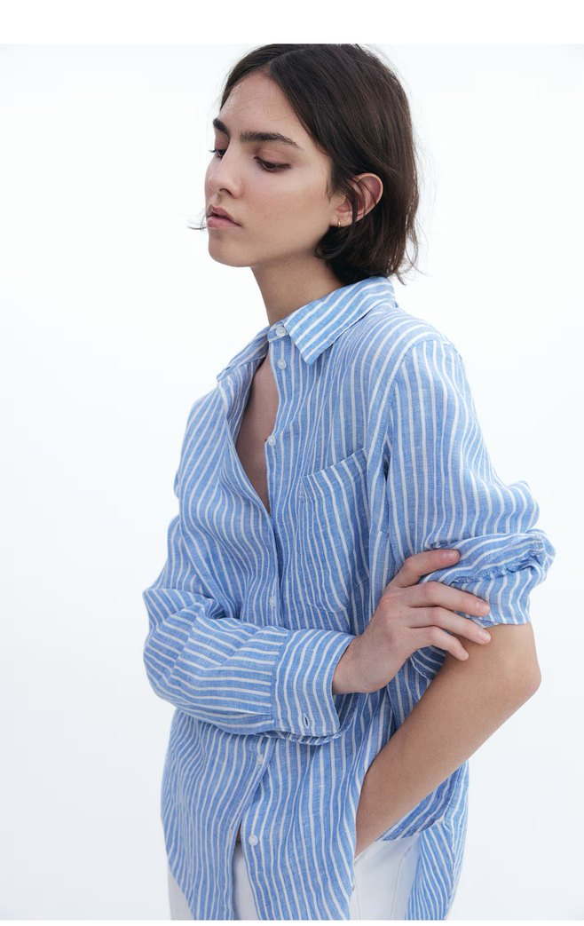 Mavi Çizgili Keten Uzun Kollu Gömlek - Görsel 5